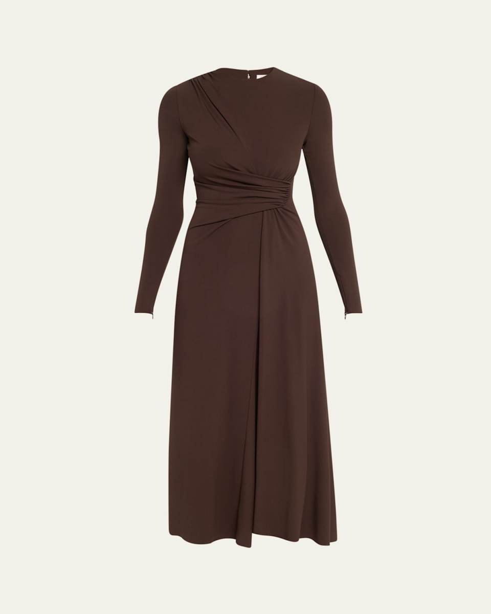Long-Sleeve Draped Sarong Midi Dress